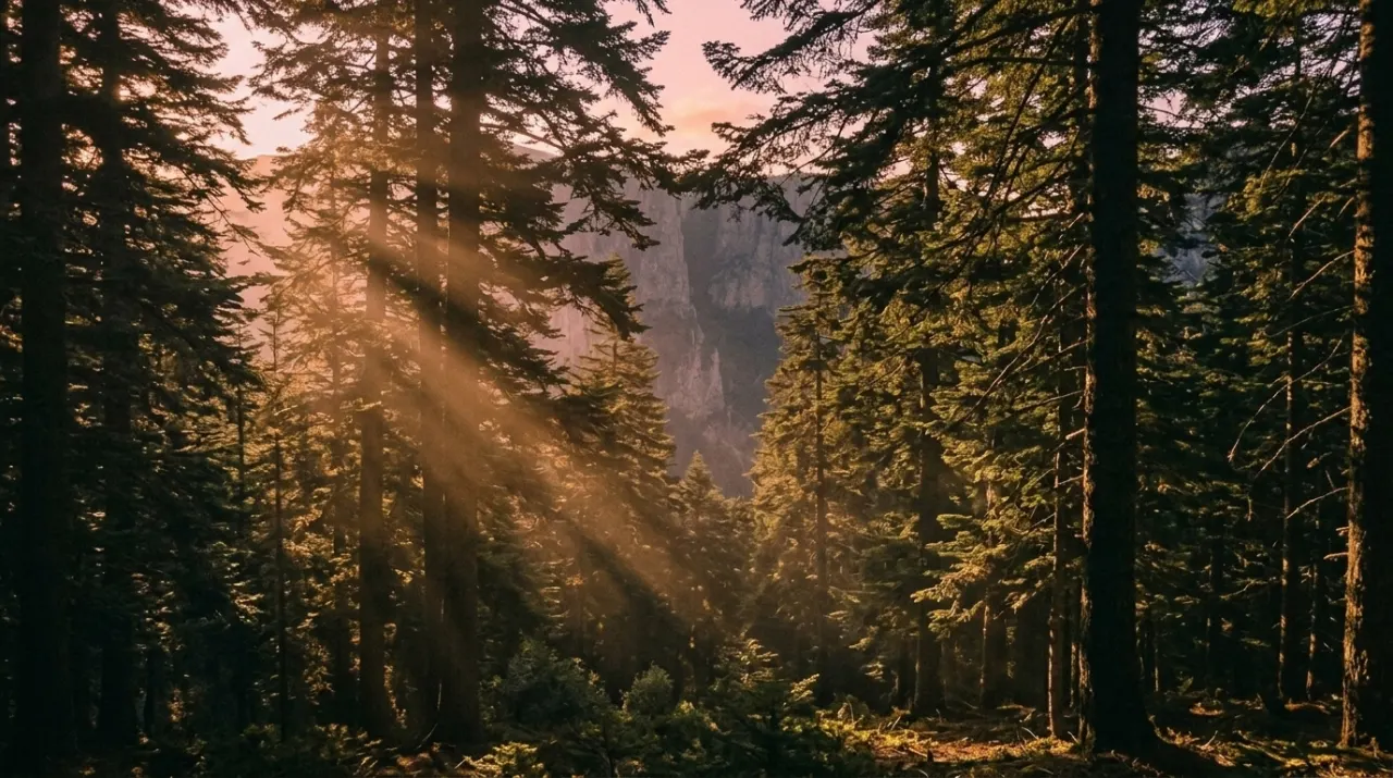 Golden light through a mountain fir forest