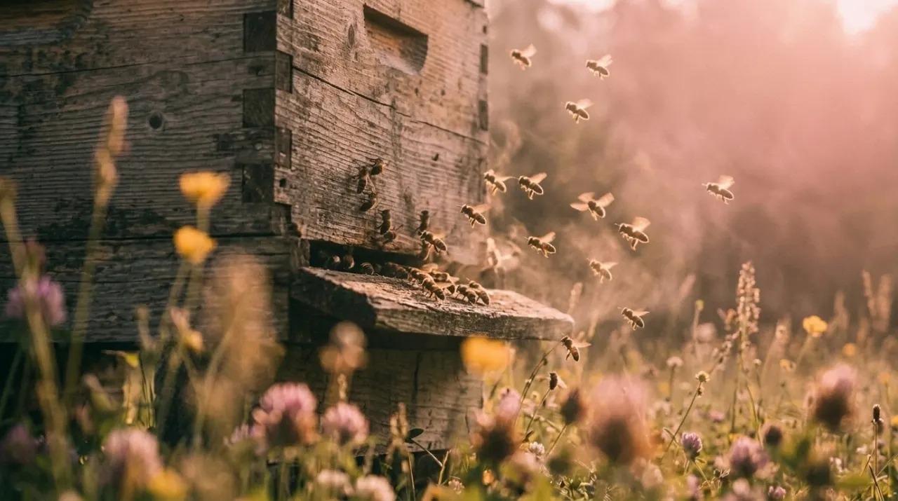 Bees returning to a wooden hive