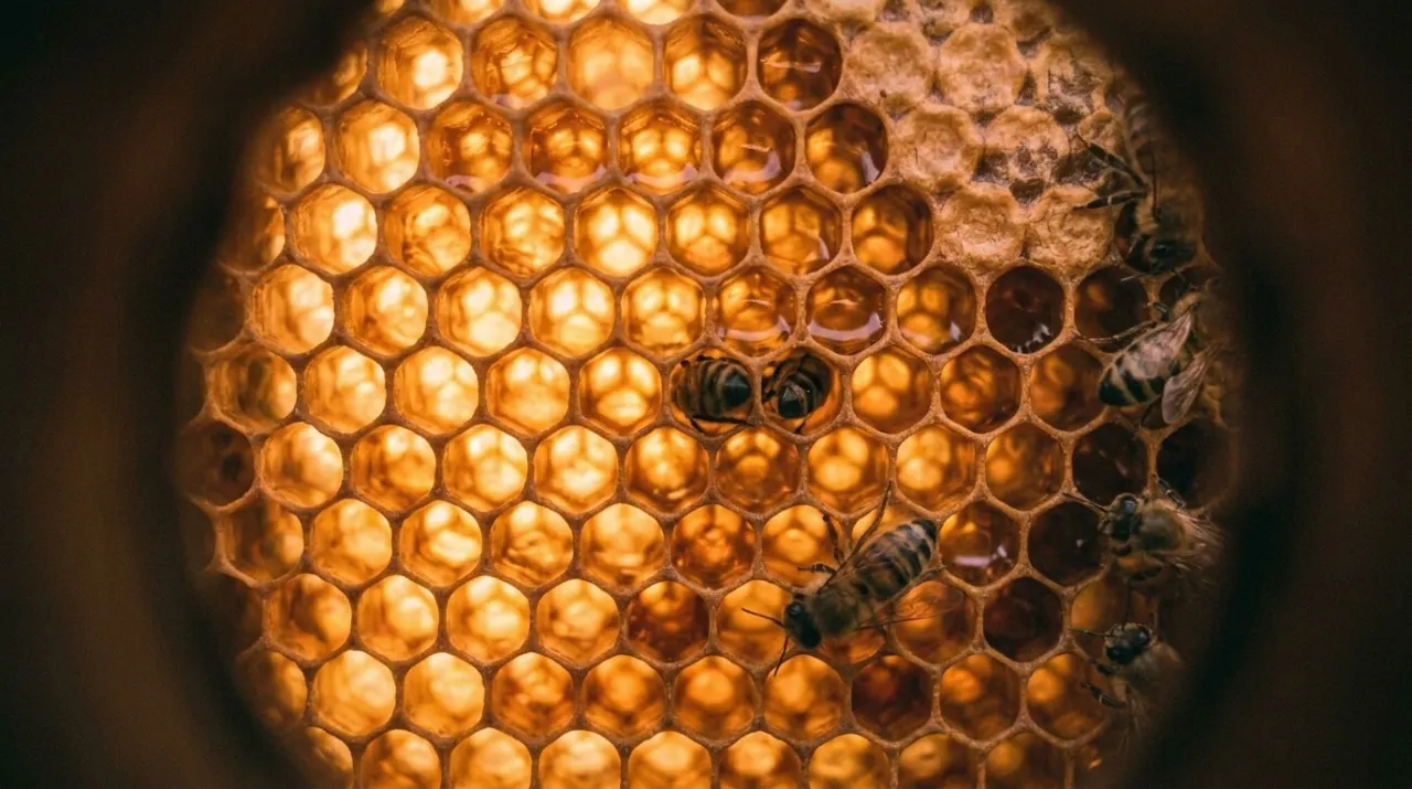 Raw honey glowing inside the comb